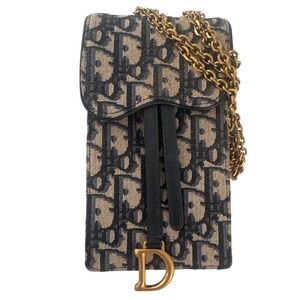 CHRISTIAN DIOR Vertical Saddle Chain Pouch Oblique Canvas Navy Blue Beige Gold